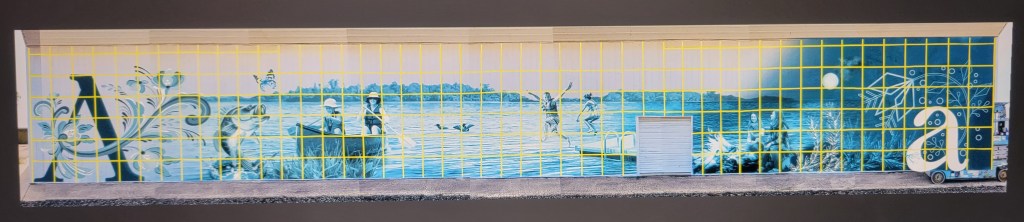 mural, letterforms, blue, lake, canoe, swim, campfire